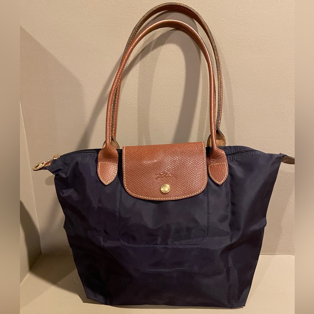 Longchamp Le Pliage Purple Nylon Tote with Brown Leather Trim and Handles